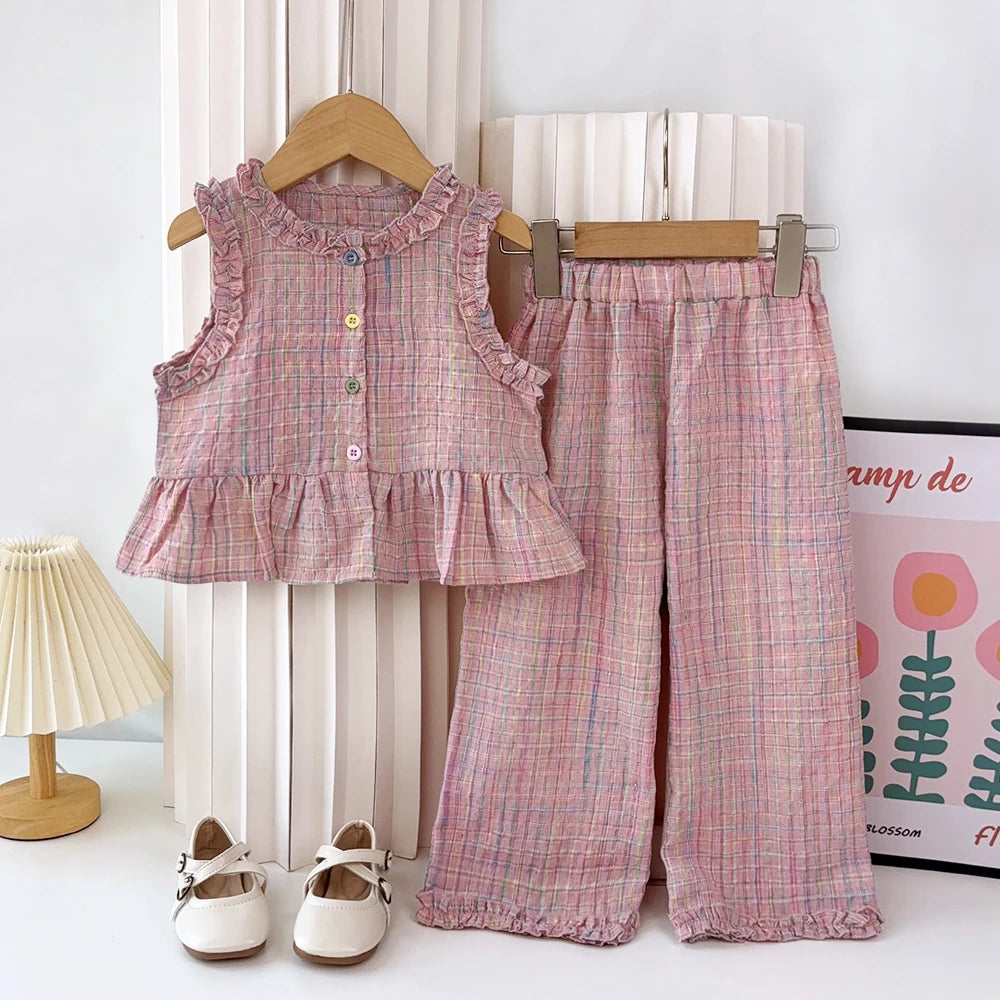 Bear Leader Summer Kids Fashion Outfits Girls Clothing Sets Pink Plaid Sleeveless Top + Wide Leg Pants Lace Two-piece Suits