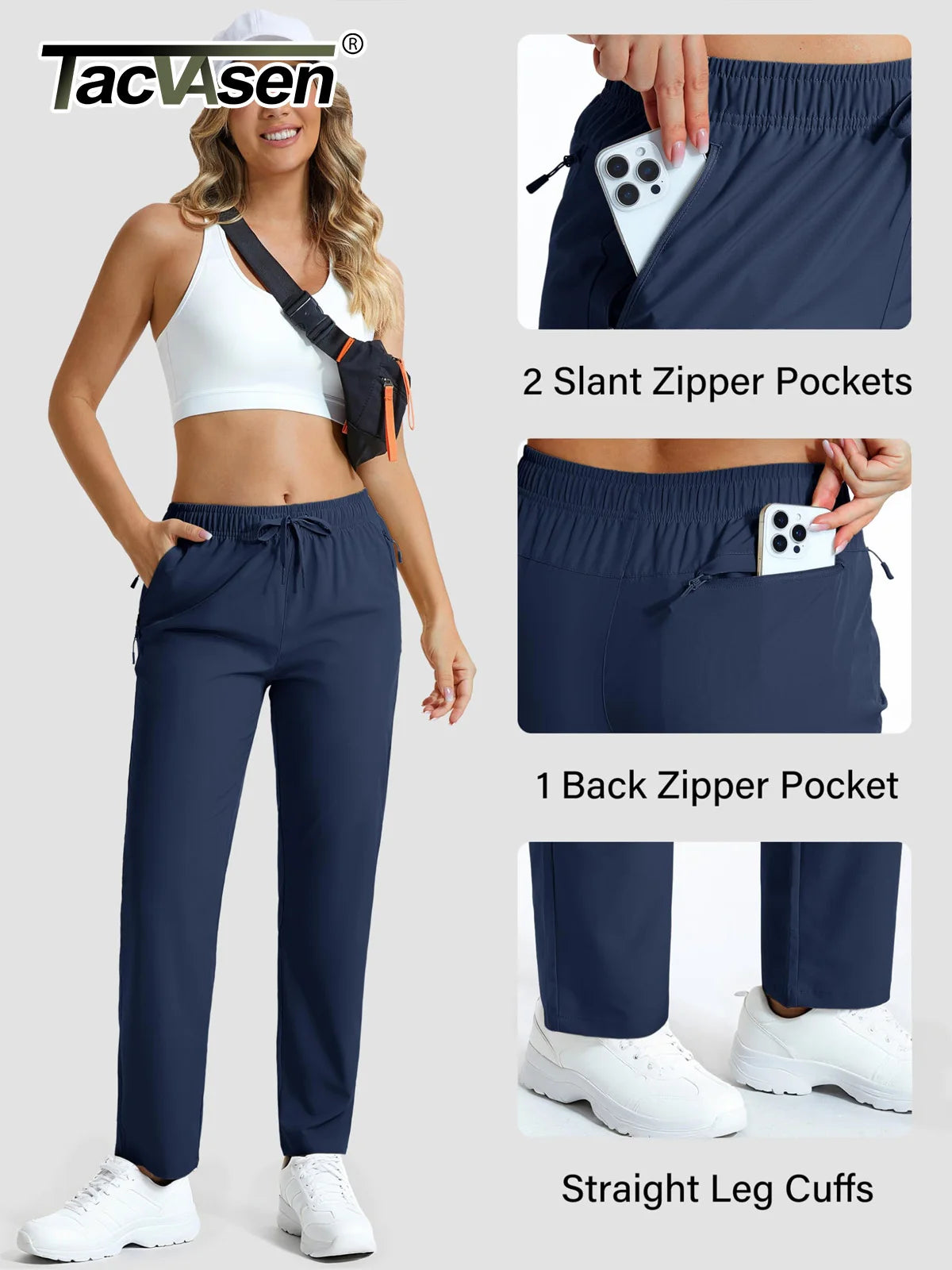 TACVASEN Pantalones de Senderismo para Mujer Secado Rápido Ligeros Resistentes al Agua Pantalones de Viaje con Bolsillos con Cierre Cintura Elástica Pantalones Golf