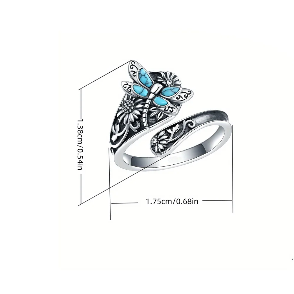 Anillo Vintage Flor Libellúla Ópalo Azul Ajustable Unisex