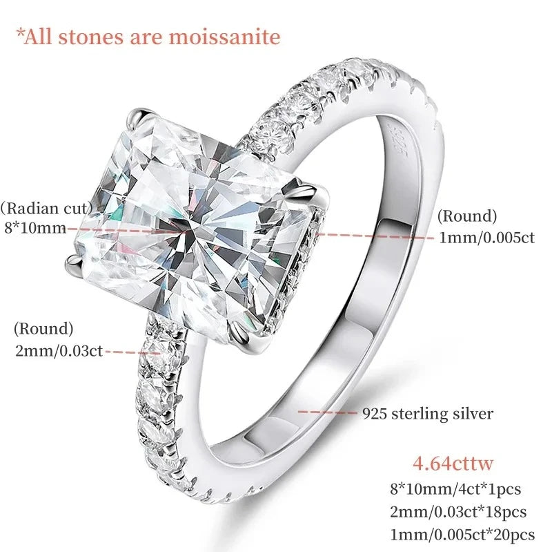 Anillo Moissanite Corte Esmeralda Color D Plata 925 para Mujer