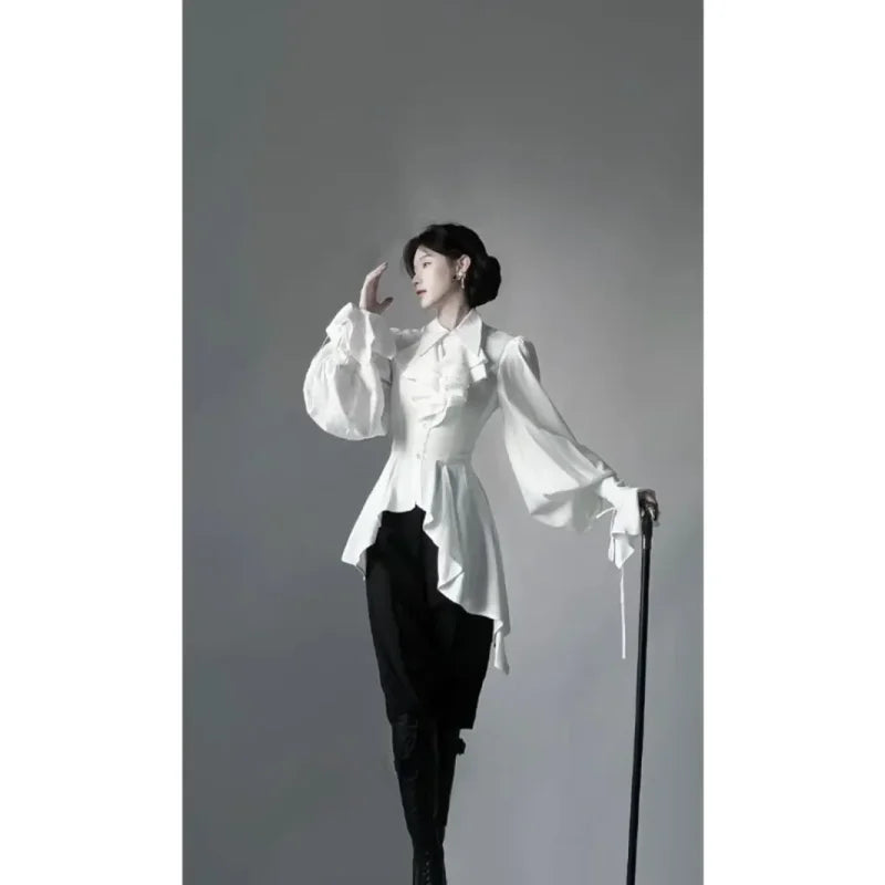 Camisa Lolita Gótica Manga Larga Mujer Elegante Simple Blanca Combina con Todo Blusas 2025 Nuevo Otoño Ajustada Blusas Mujer