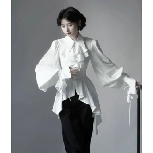 Camisa Lolita Gótica Manga Larga Mujer Elegante Simple Blanca Combina con Todo Blusas 2025 Nuevo Otoño Ajustada Blusas Mujer