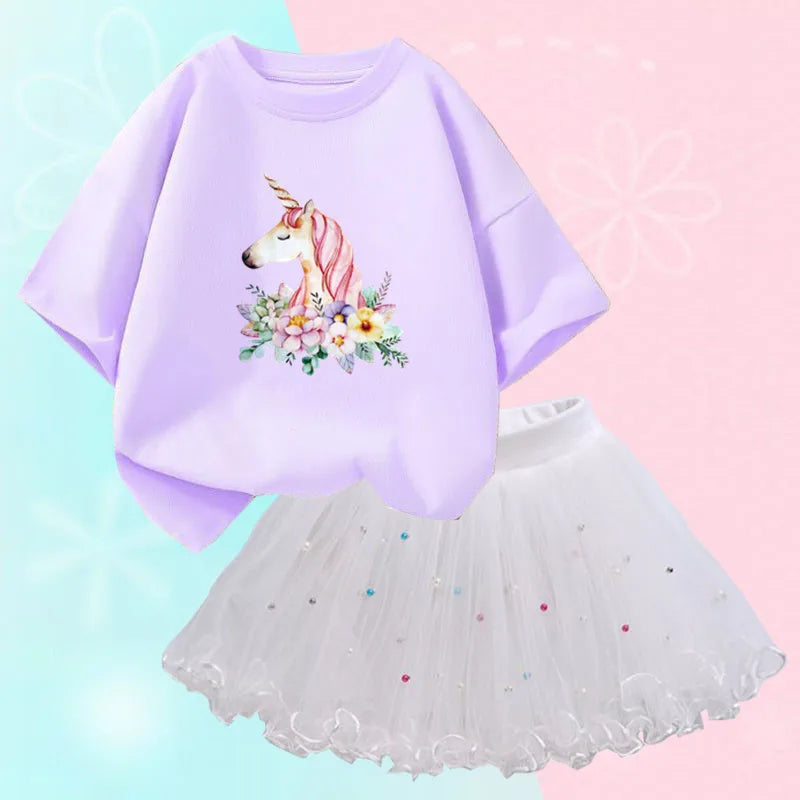 Fashion Summer Girls Clothes Korean Pretty T Shirt&mesh Tutu Skirt Two Piece Outfits Set 3-14 Year Children Party Clothing