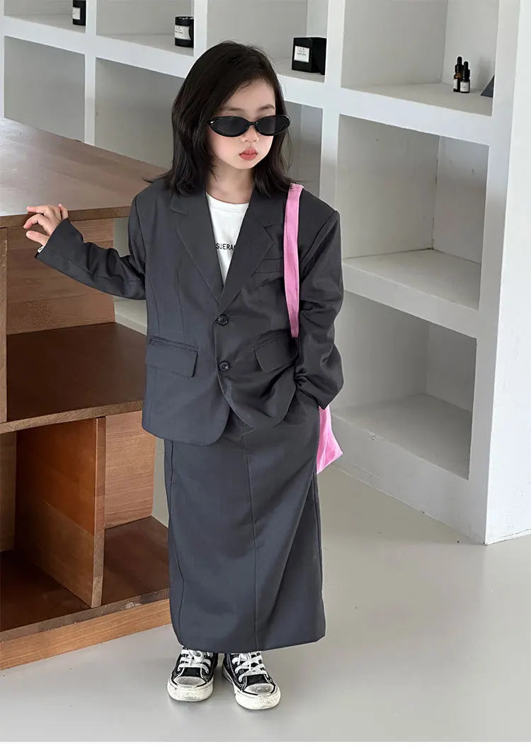 Girls Grey Suit Spring 2026 Casual Loose Blazer Skirt Two Pieces School Uniform for Kids Wedding Party Formal Costumes 2-13 Year