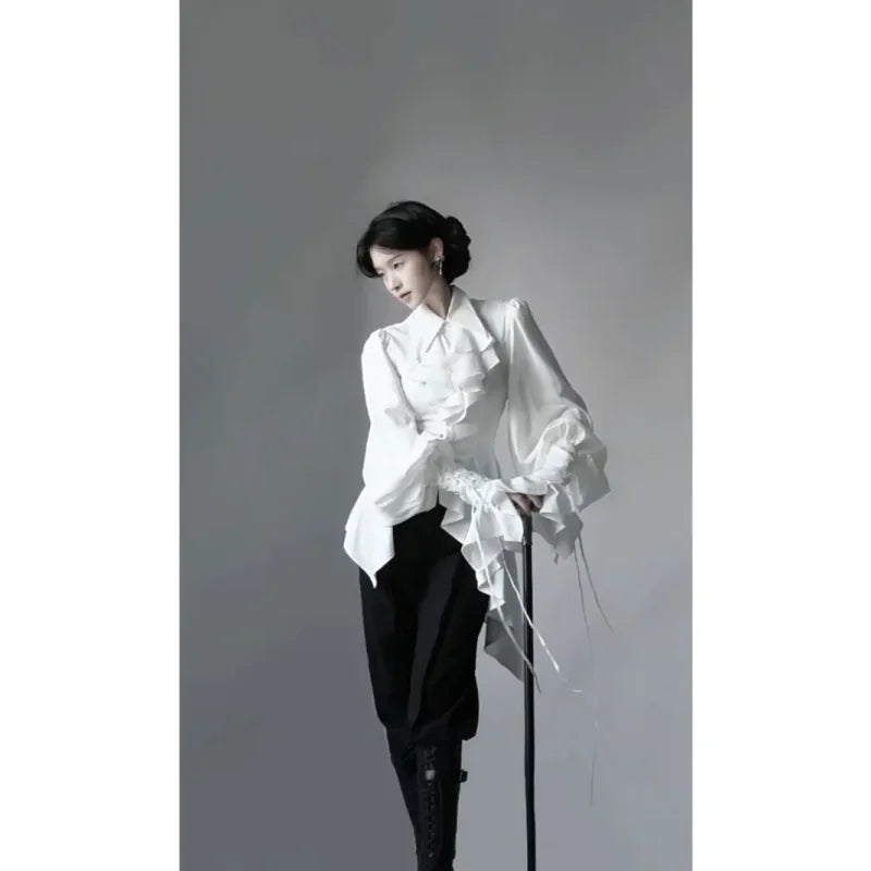 Camisa Lolita Gótica Manga Larga Mujer Elegante Simple Blanca Combina con Todo Blusas 2025 Nuevo Otoño Ajustada Blusas Mujer