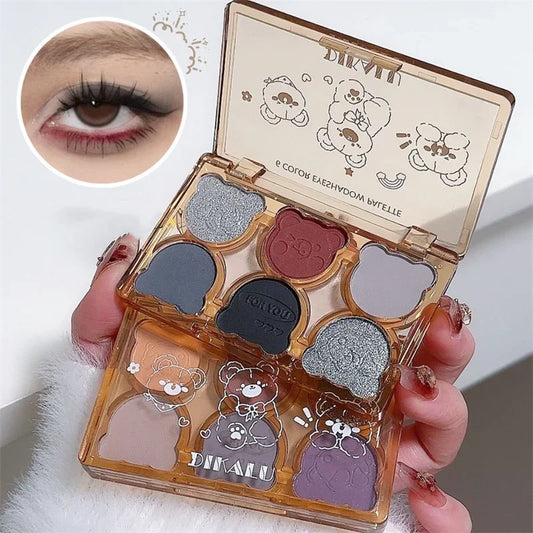 Paleta 6 Colores Sombras Mate Shimmer Ahumado – Tonos Gris Rojo Negro Vino Maquillaje
