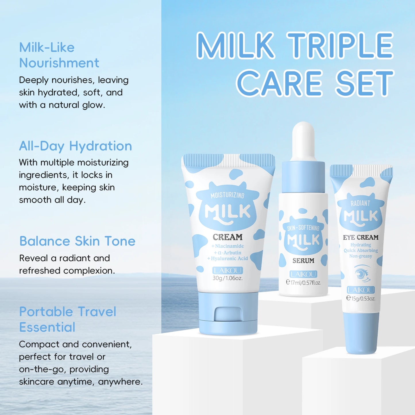 Set Trío LAIKOU Milk Glow - Sérum, Contorno de Ojos e Hidratante