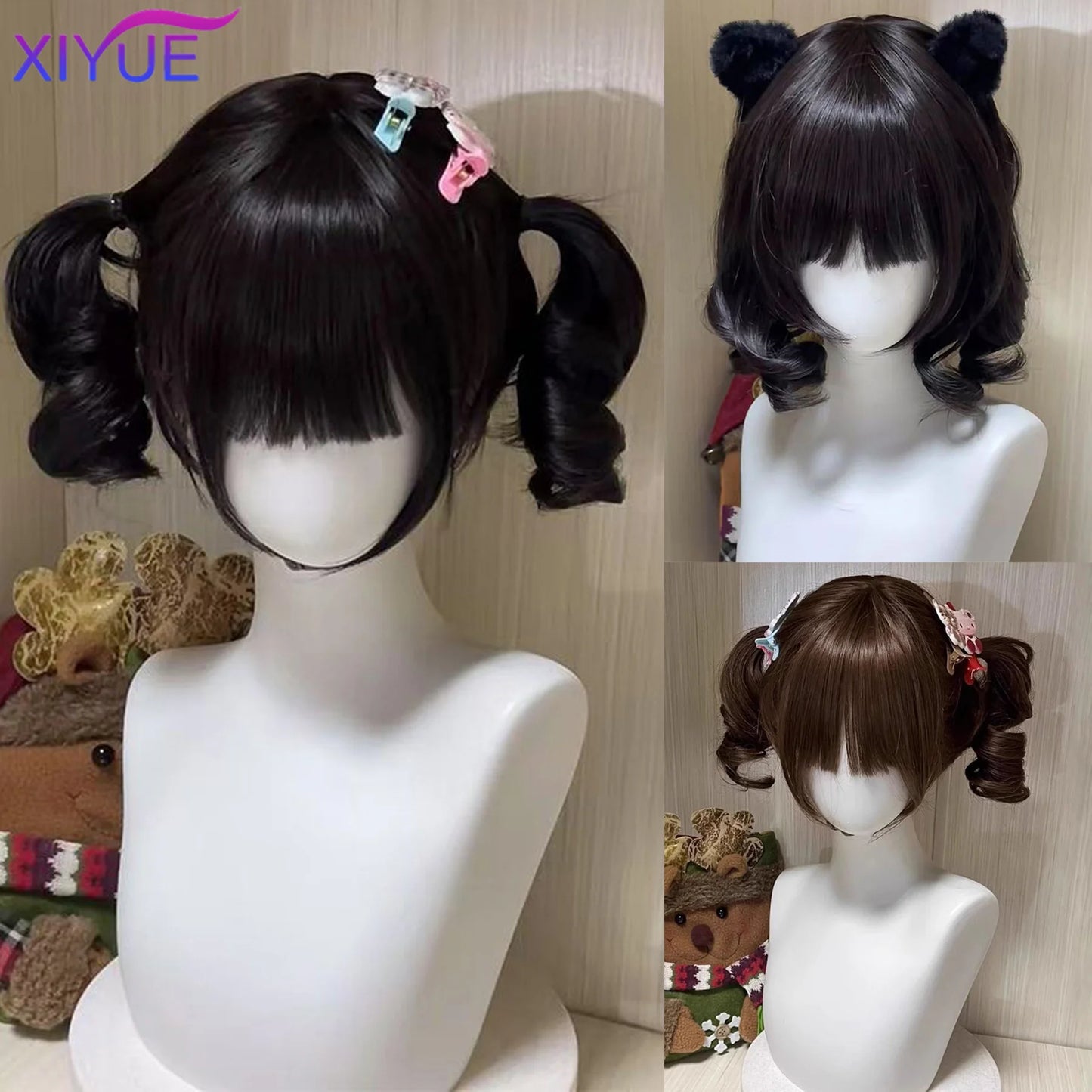 Peluca Sintética Corta con Dobles Coletas Rizadas y Flequillo – Estilo Lolita Cosplay