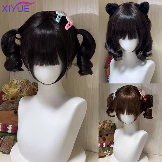Peluca Sintética Corta con Dobles Coletas Rizadas y Flequillo – Estilo Lolita Cosplay