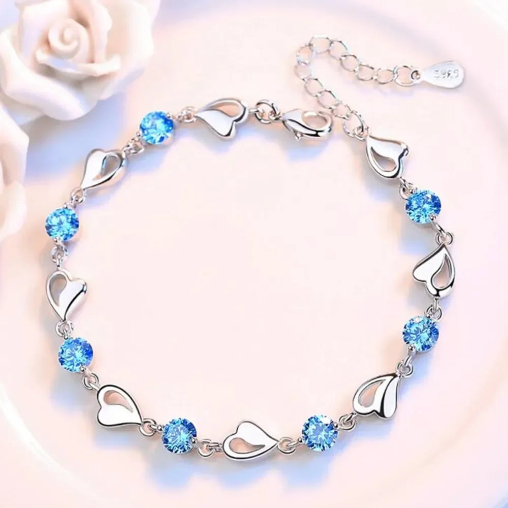 Pulsera Corazón Cristal Azul Estilo Coreano Plata 925 para Mujer
