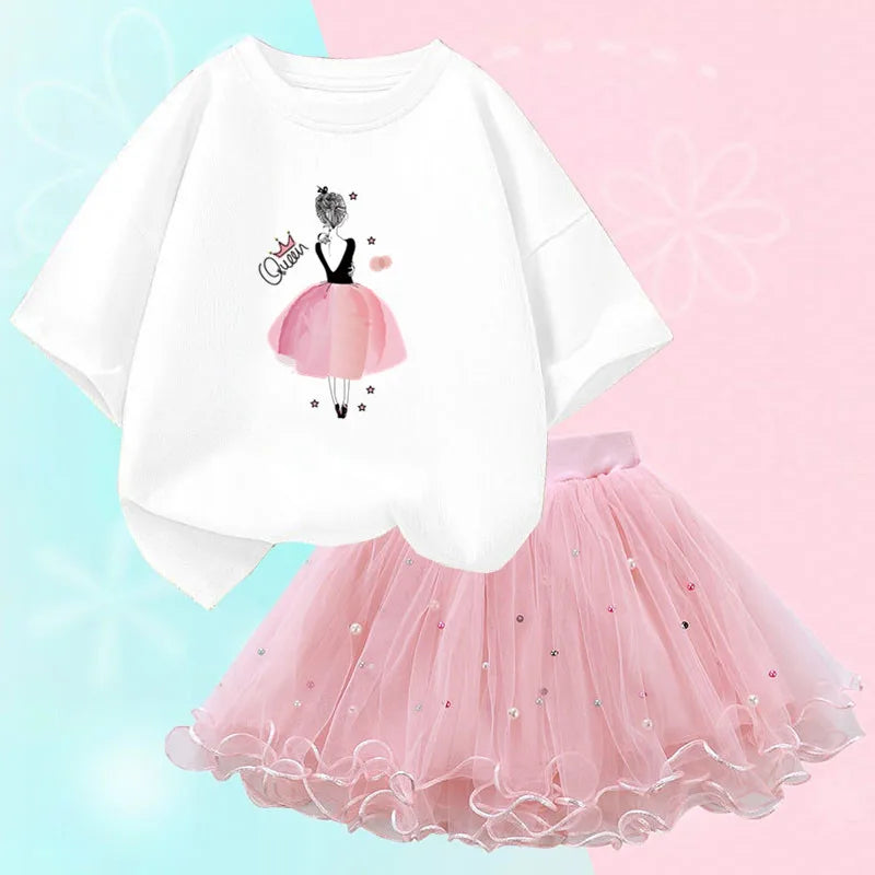 Fashion Summer Girls Clothes Korean Pretty T Shirt&mesh Tutu Skirt Two Piece Outfits Set 3-14 Year Children Party Clothing