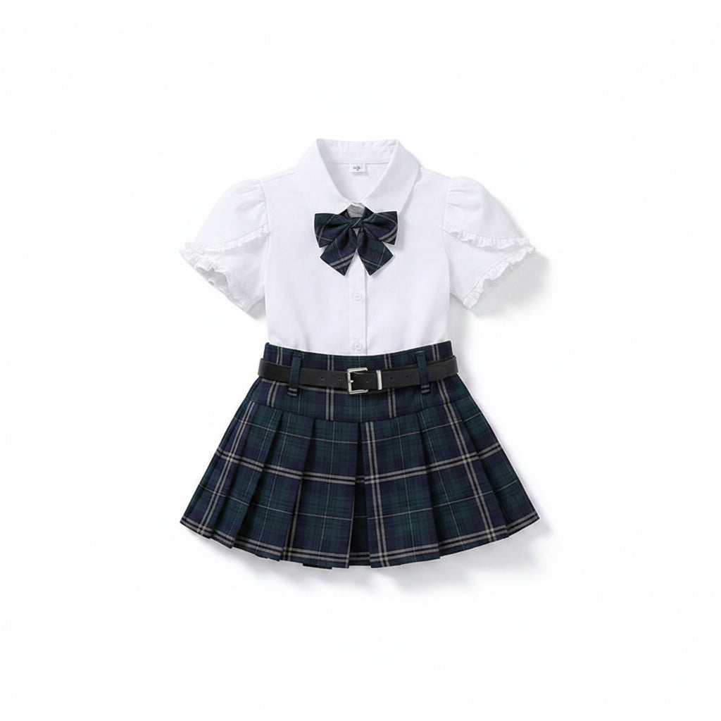 Conjunto Preppy Coreano de Verano para Niña – Blusa + Falda a Cuadros 2 Piezas con Cinturón