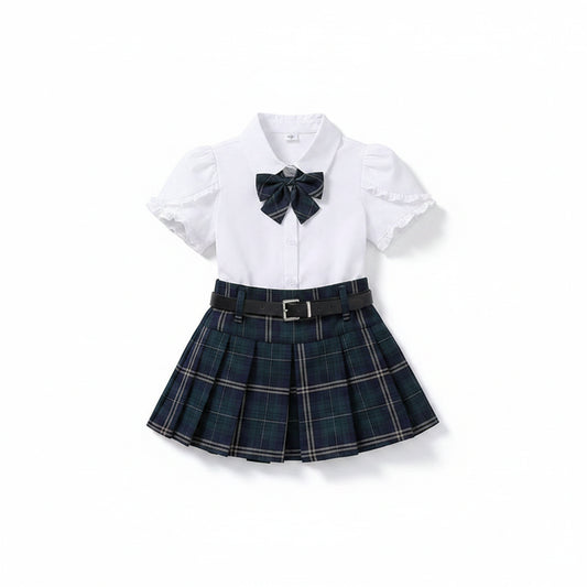 Conjunto Preppy Coreano de Verano para Niña – Blusa + Falda a Cuadros 2 Piezas con Cinturón