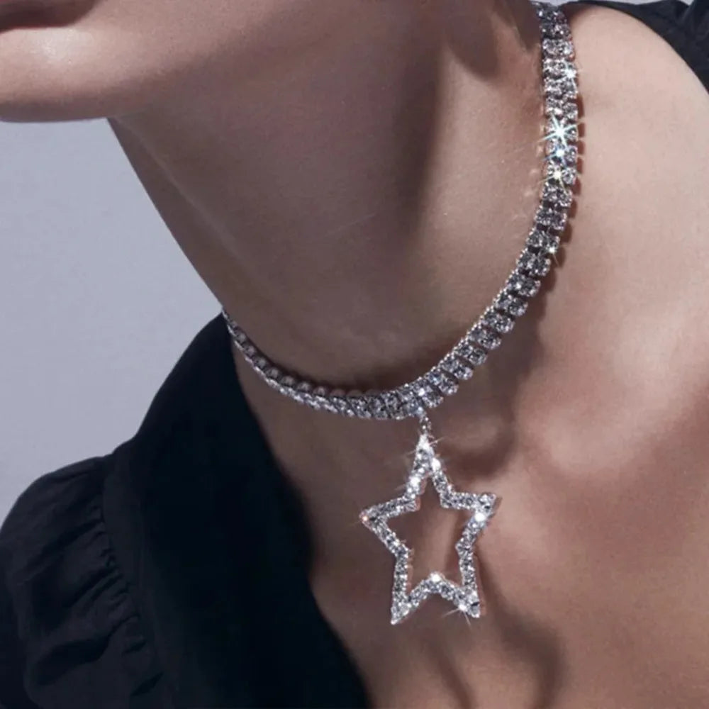 Collar Choker Estrella Brillante Doble Capa Rhinestone para Mujer