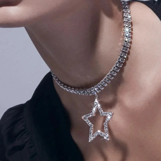 Collar Choker Estrella Brillante Doble Capa Rhinestone para Mujer