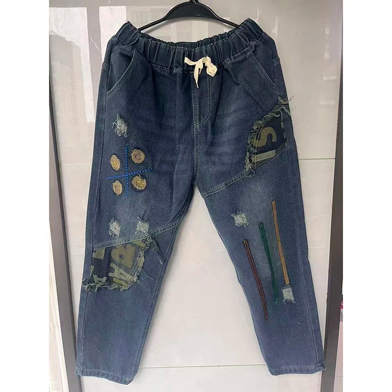 New Women Embroidery Retro Denim Jeans 2024 Spring Autumn High Waist Nine Points Cowboy Trousers Denim Harlan Pants Femme