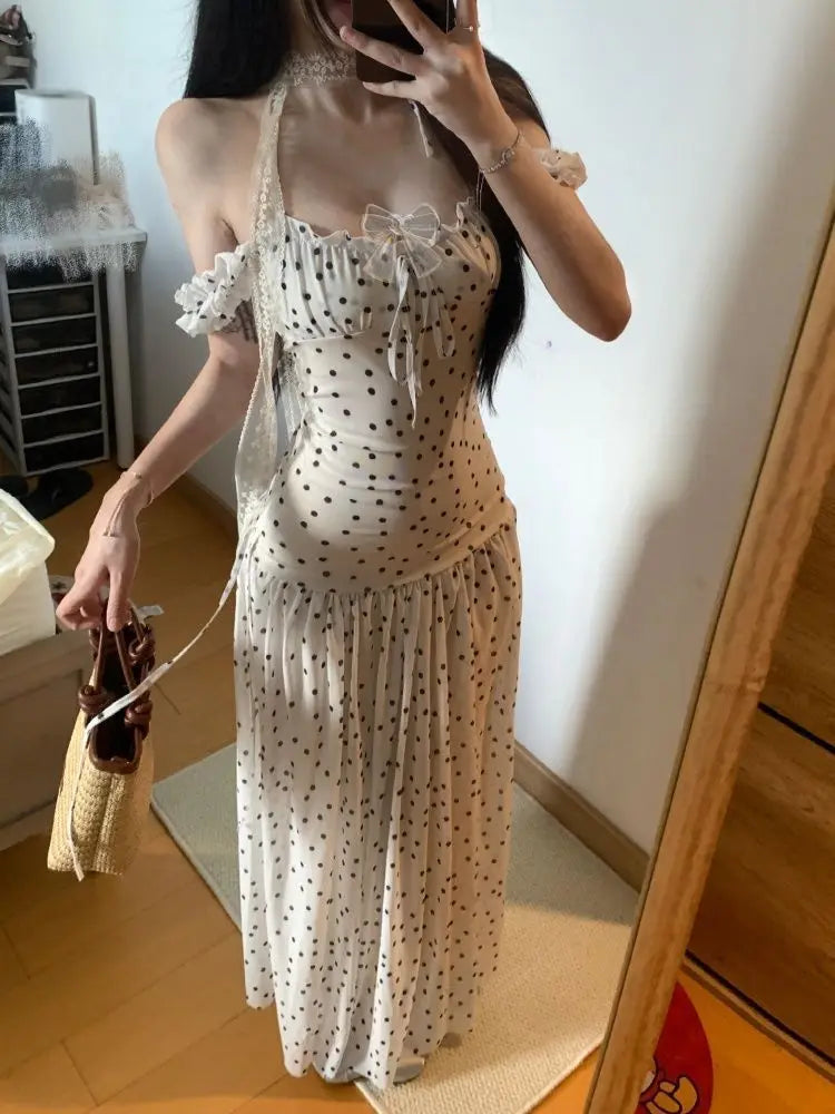 Vestido Coreano Popular Y2K Dulce Moda Femenina Chic Lunares Estilo Francés Elegante Diseño Adelgazante Vacaciones Mujer