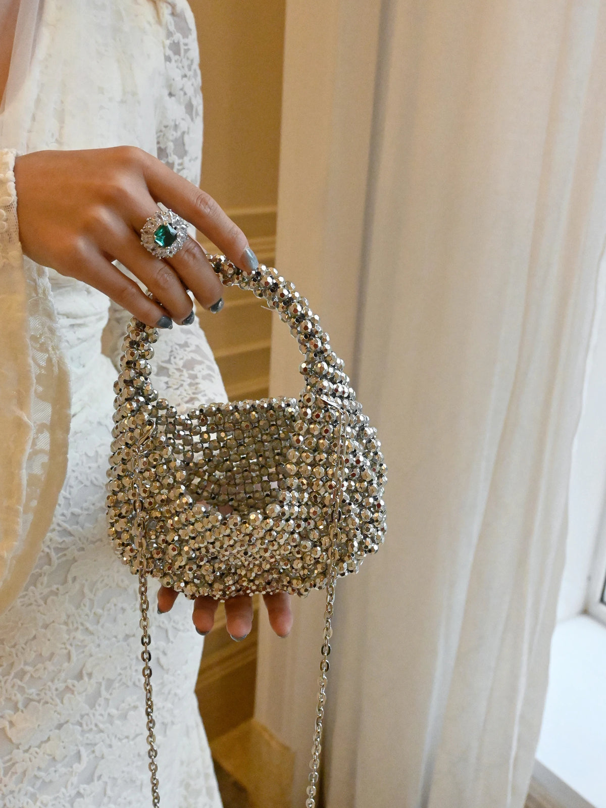 Bolso de Fiesta con Cuentas de Perlas y Cadena