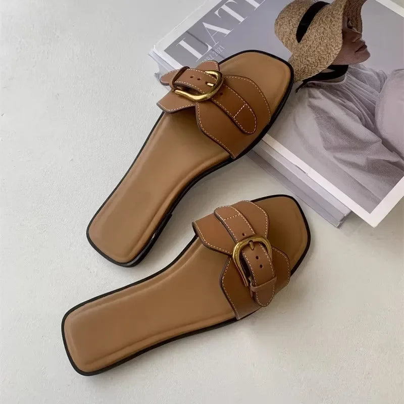 Sandalias Planas Playa Mujer - Hebilla Gladiador Cuero Genuino Verano