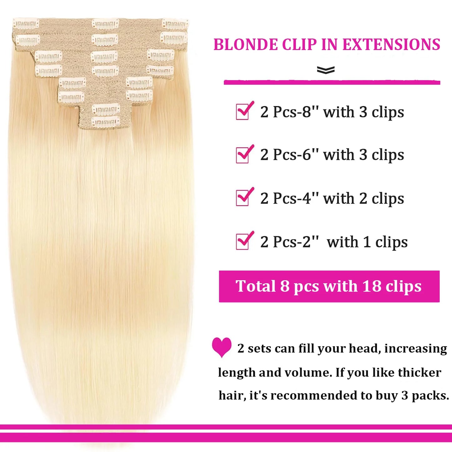 Extensiones Clip-in Cabello Humano 100% | 8 Piezas 120g Color Rubio 613#