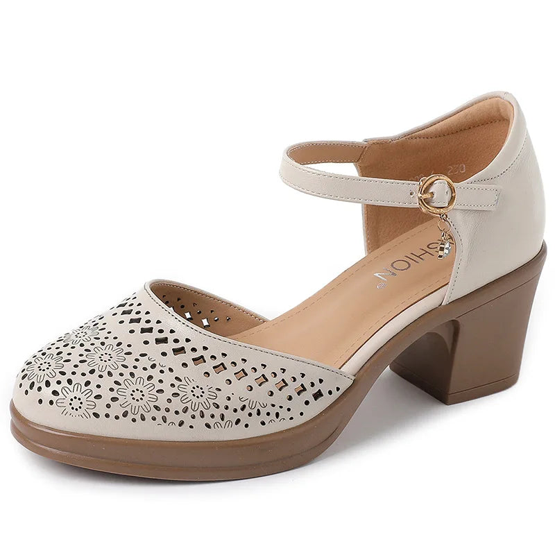 Sandalias Cuero Genuino Tacón Hueco Mujer - Estilo Retro Elegante 2026
