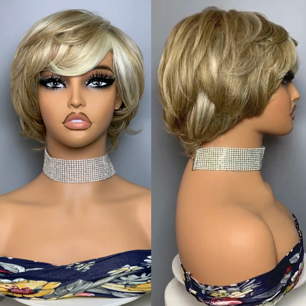 Peluca Pixie Cut Ondulada con Flequillo | Cabello Humano Natural