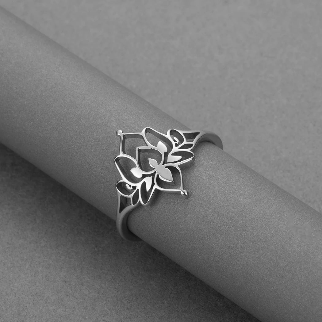 Anillo Loto Oxidado Acero Inoxidable Mujer