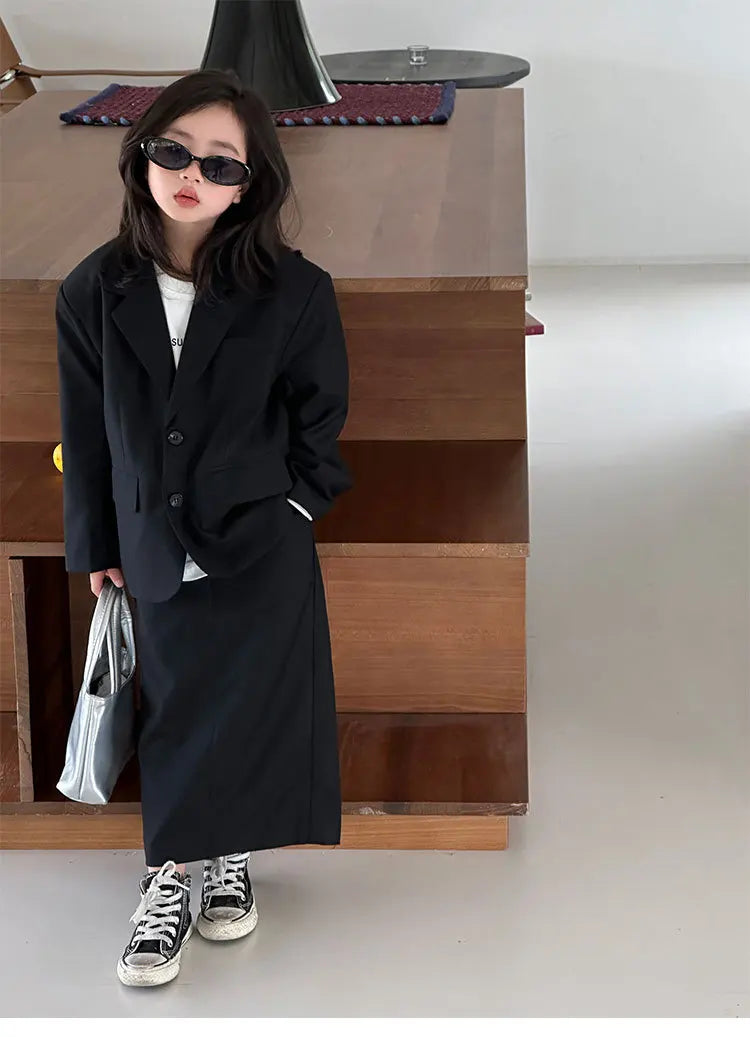 Girls Grey Suit Spring 2026 Casual Loose Blazer Skirt Two Pieces School Uniform for Kids Wedding Party Formal Costumes 2-13 Year