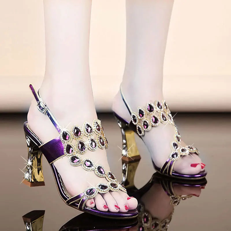 Sandalias Tacón Alto Mujer 2025 – Morado Diamantes Flores Cristal Talla Grande 33-41