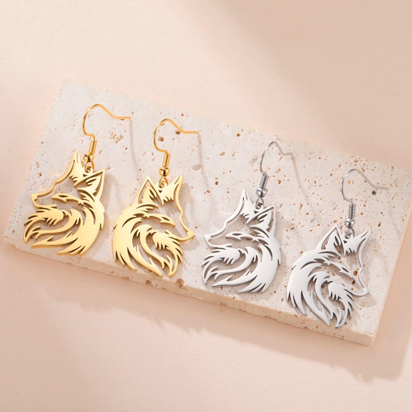Aretes Colgantes Zorro Acero Inoxidable Dorado