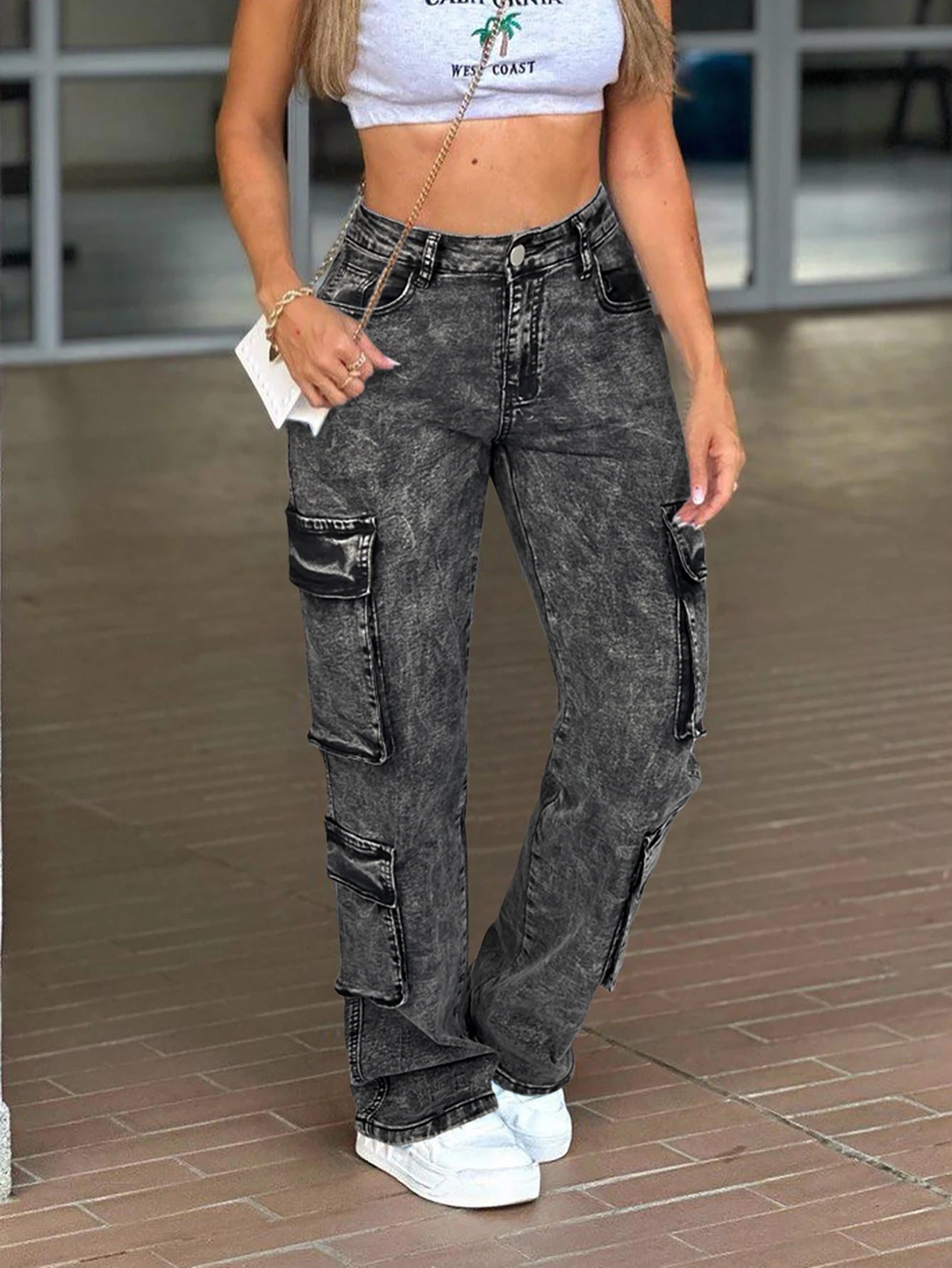 Vintage Y2k Washed Multi-Flap Pocket Straight Leg Cargo Jeans Women's Mid-Rise Versatile Streetwear Campu Sall Seasons Match