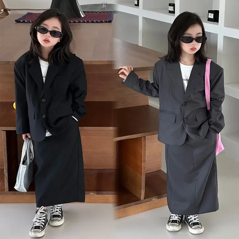 Girls Grey Suit Spring 2026 Casual Loose Blazer Skirt Two Pieces School Uniform for Kids Wedding Party Formal Costumes 2-13 Year