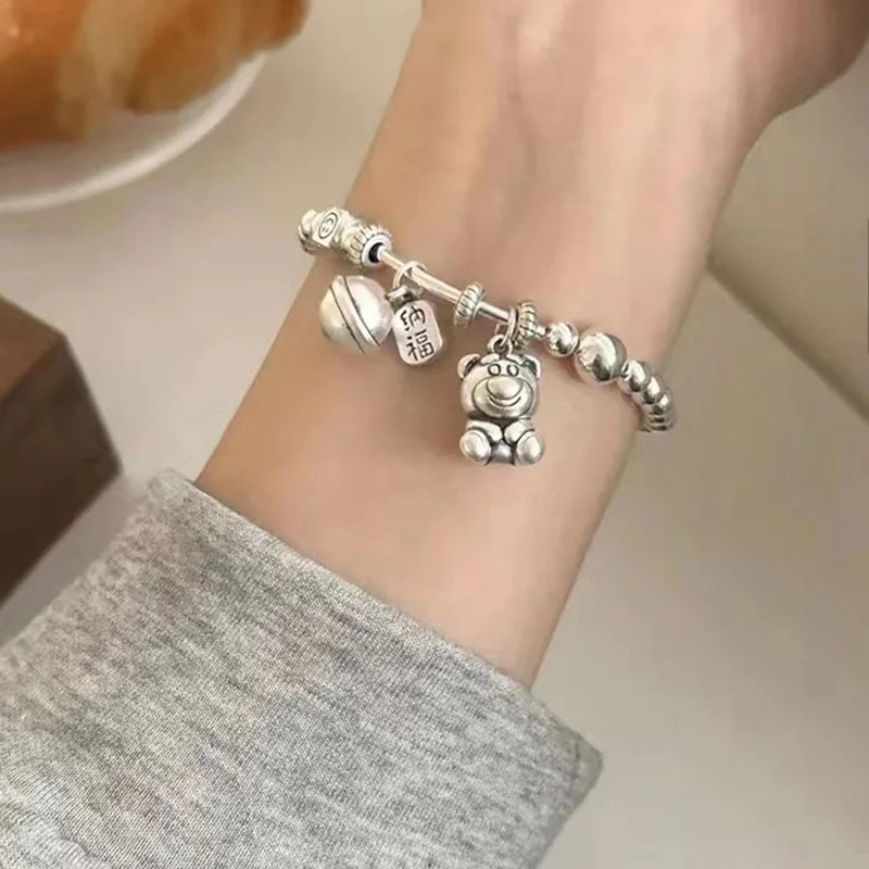 Pulsera Plata 925 Oso Fresa con Campana de la Fortuna para Mujer