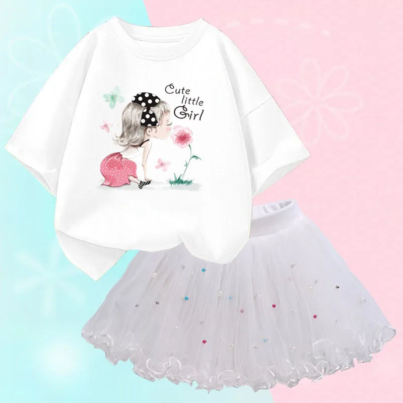 Fashion Summer Girls Clothes Korean Pretty T Shirt&mesh Tutu Skirt Two Piece Outfits Set 3-14 Year Children Party Clothing