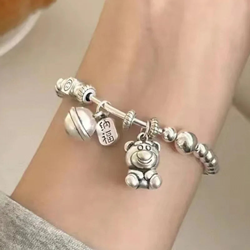Pulsera Plata 925 Oso Fresa con Campana de la Fortuna para Mujer