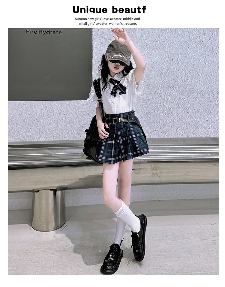 Conjunto Preppy Coreano de Verano para Niña – Blusa + Falda a Cuadros 2 Piezas con Cinturón