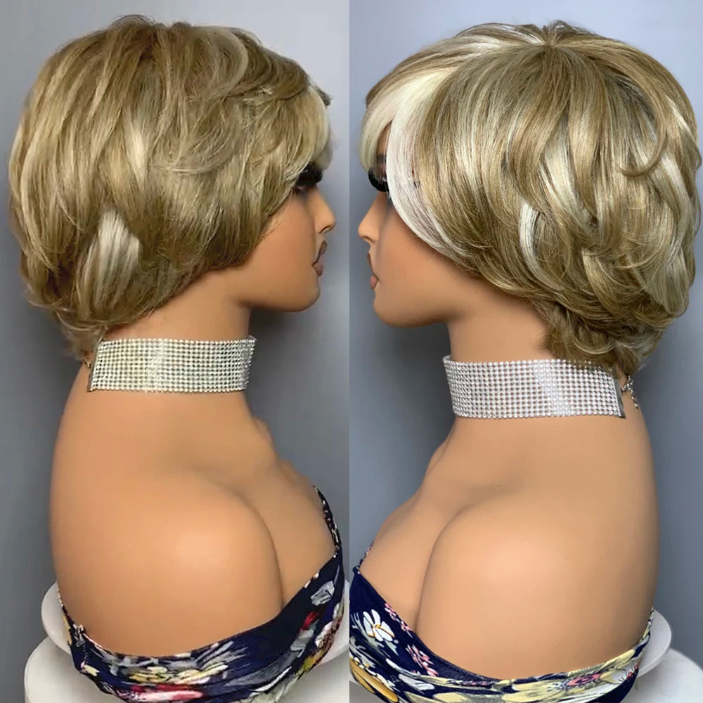 Peluca Pixie Cut Ondulada con Flequillo | Cabello Humano Natural