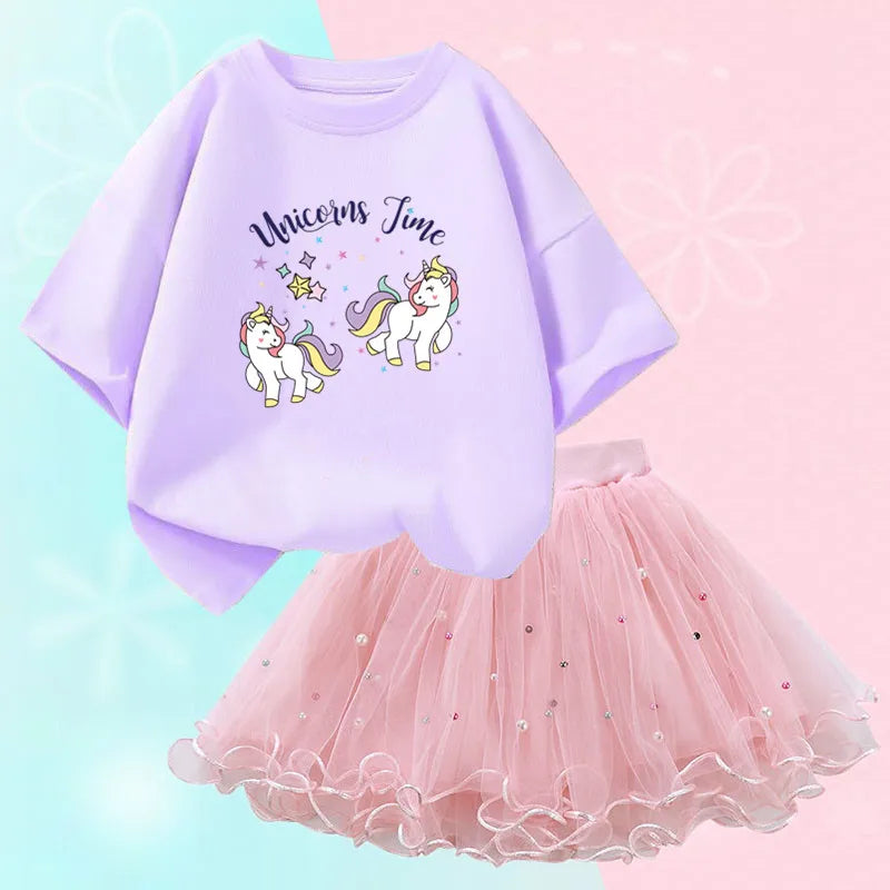 Fashion Summer Girls Clothes Korean Pretty T Shirt&mesh Tutu Skirt Two Piece Outfits Set 3-14 Year Children Party Clothing