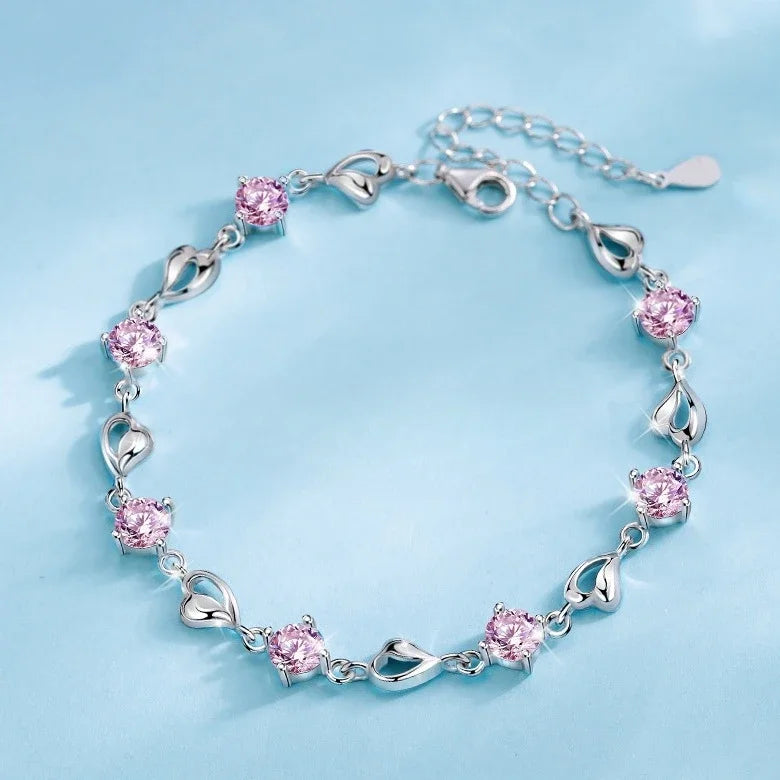 Pulsera Corazón Cristal Azul Estilo Coreano Plata 925 para Mujer