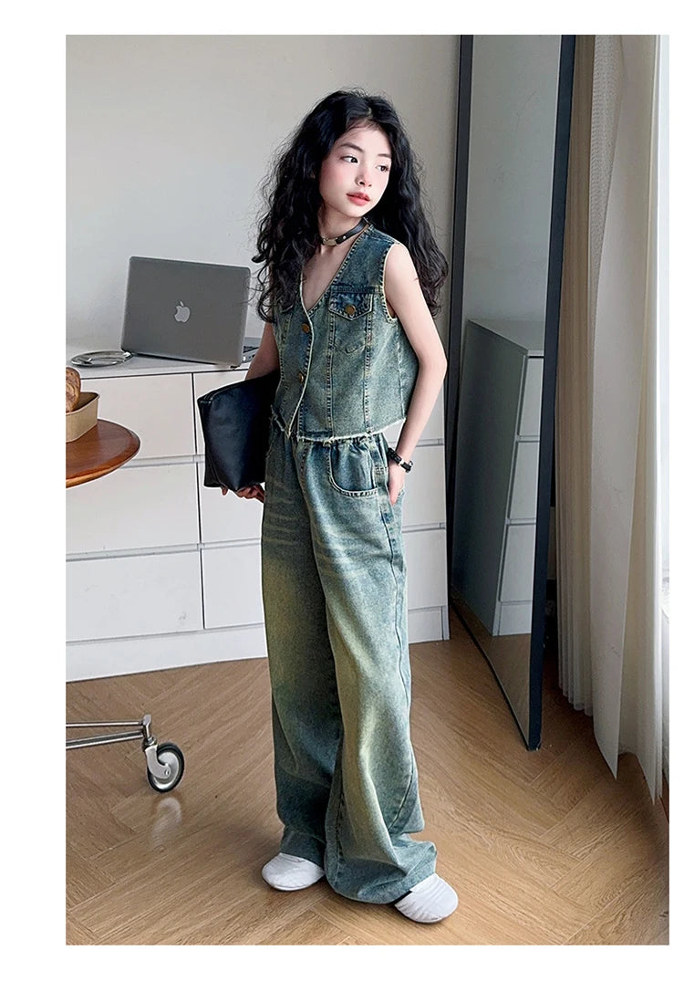 Conjunto Streetwear Niña | Chaleco y Jeans Denim Y2K Hip Hop 2 Piezas Tallas 5-14