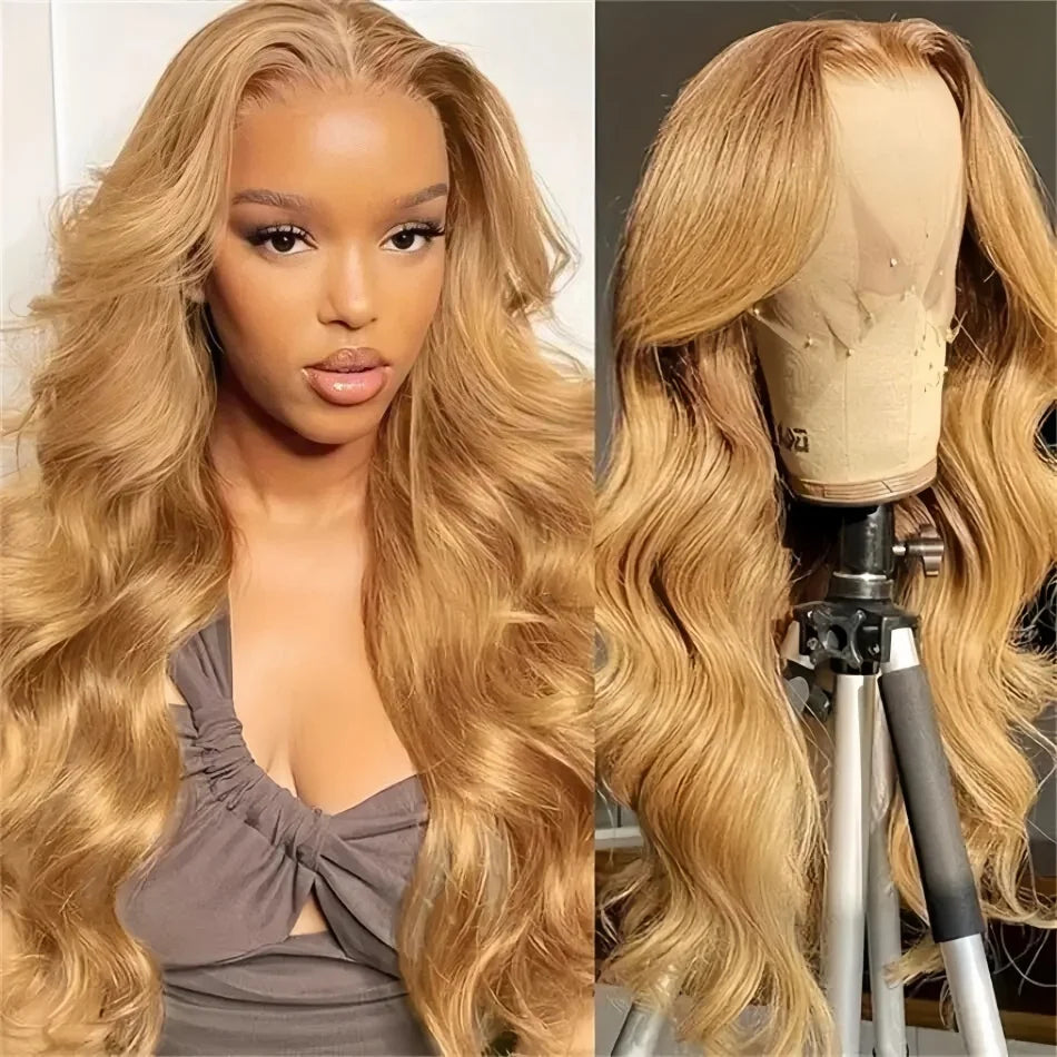 Peluca Frontal de Encaje 13x6 HD Rubia Miel Ondulada – 100% Cabello Humano Brasileño Predesplumada