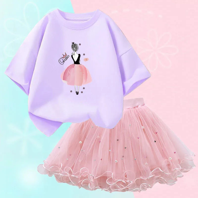 Fashion Summer Girls Clothes Korean Pretty T Shirt&mesh Tutu Skirt Two Piece Outfits Set 3-14 Year Children Party Clothing