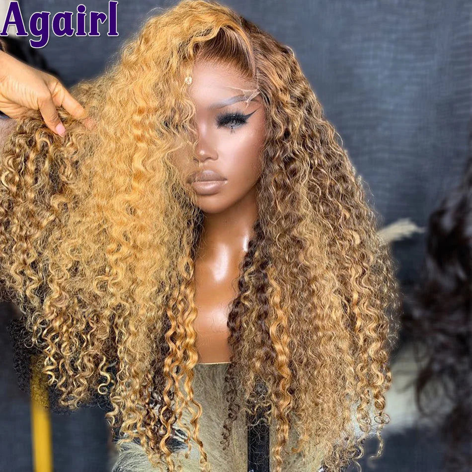 Peluca Curly Honey Blonde 13x6 | Cabello Humano Ombre 200% Densidad Glueless
