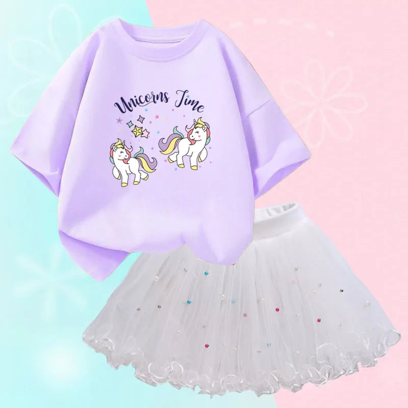 Fashion Summer Girls Clothes Korean Pretty T Shirt&mesh Tutu Skirt Two Piece Outfits Set 3-14 Year Children Party Clothing