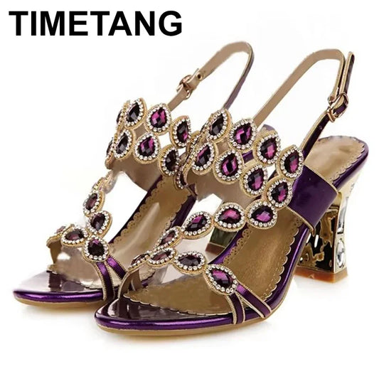 Sandalias Tacón Alto Mujer 2025 – Morado Diamantes Flores Cristal Talla Grande 33-41