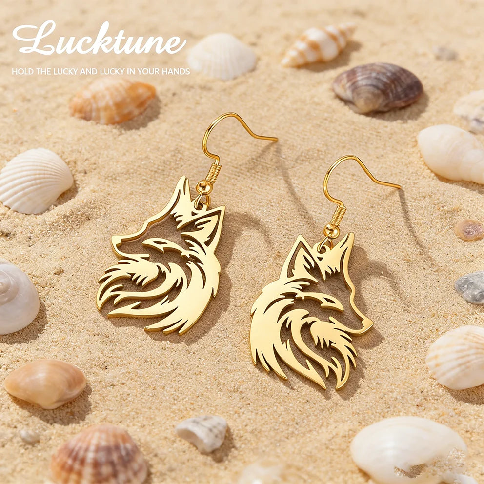 Aretes Colgantes Zorro Acero Inoxidable Dorado