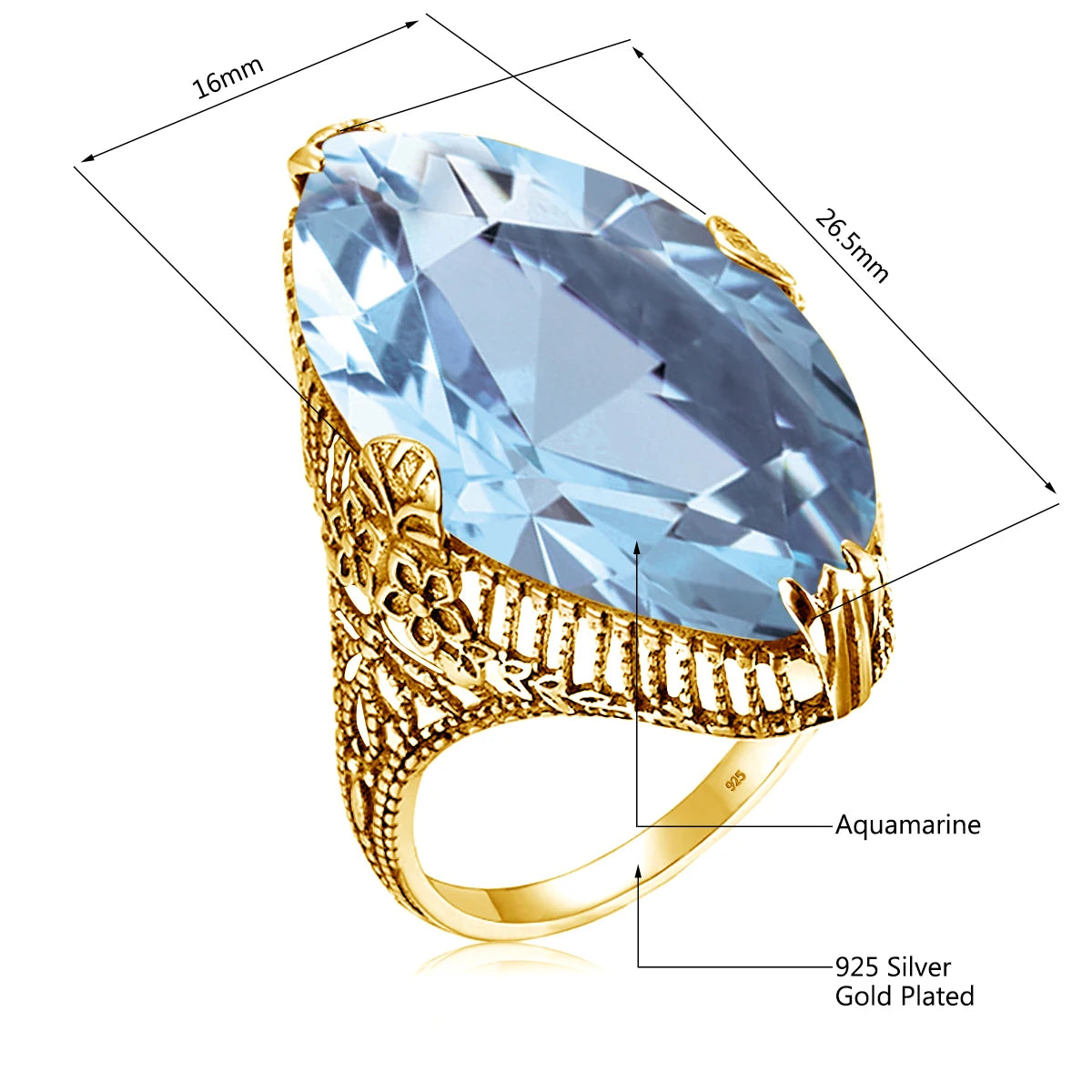 Anillo Cóctel Aquamarine Azul Cielo Ovalado Plata 925 para Mujer