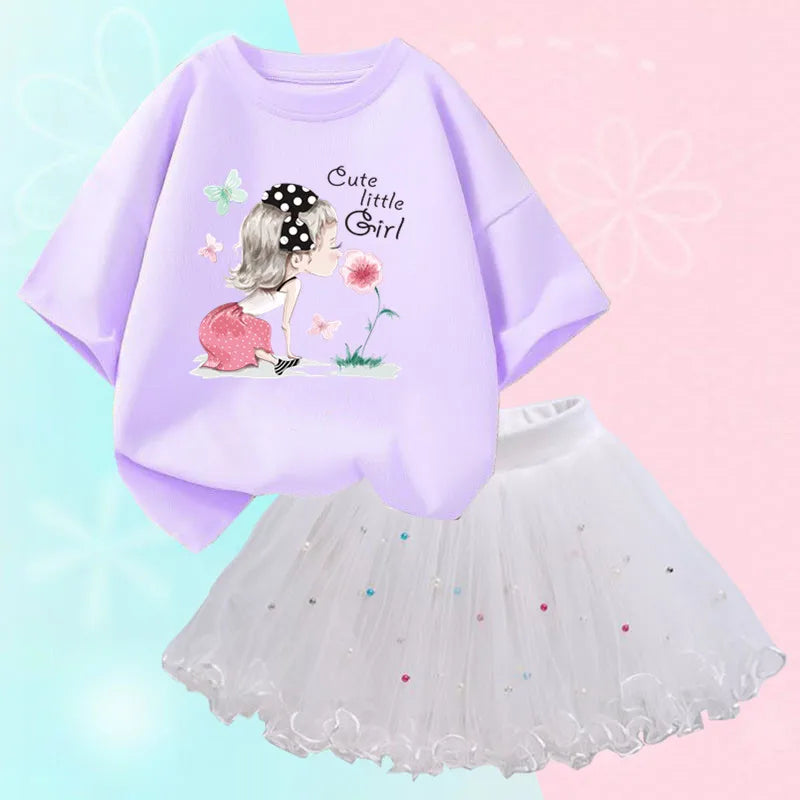 Fashion Summer Girls Clothes Korean Pretty T Shirt&mesh Tutu Skirt Two Piece Outfits Set 3-14 Year Children Party Clothing