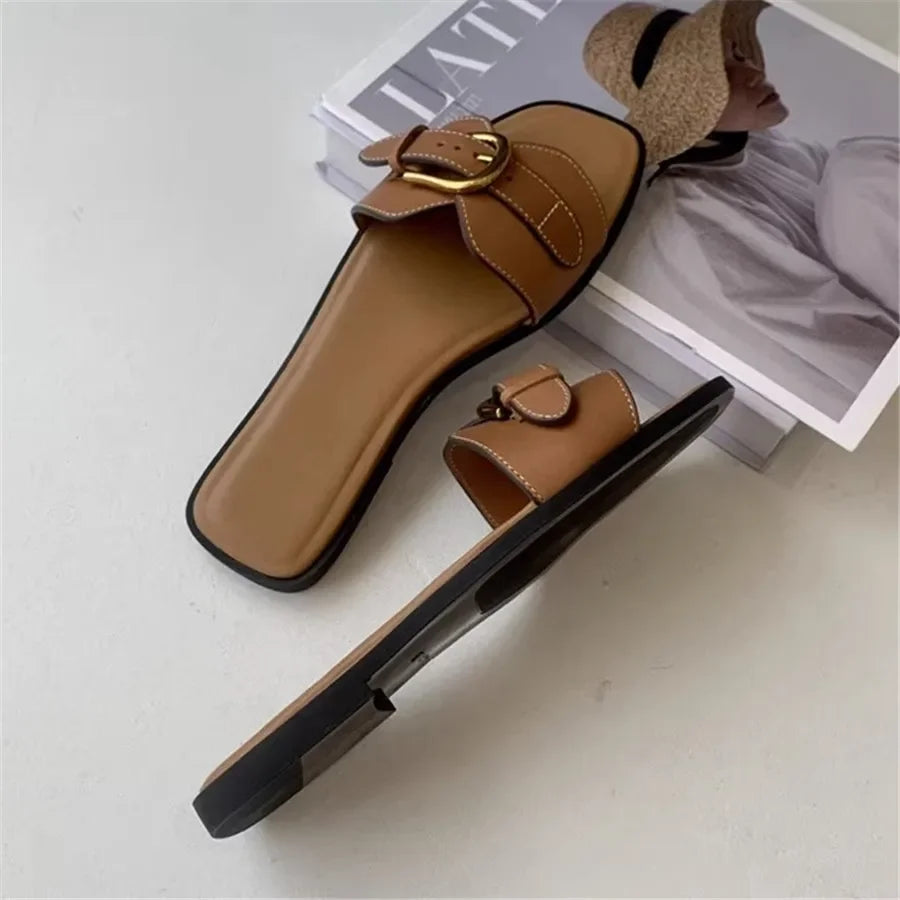 Sandalias Planas Playa Mujer - Hebilla Gladiador Cuero Genuino Verano