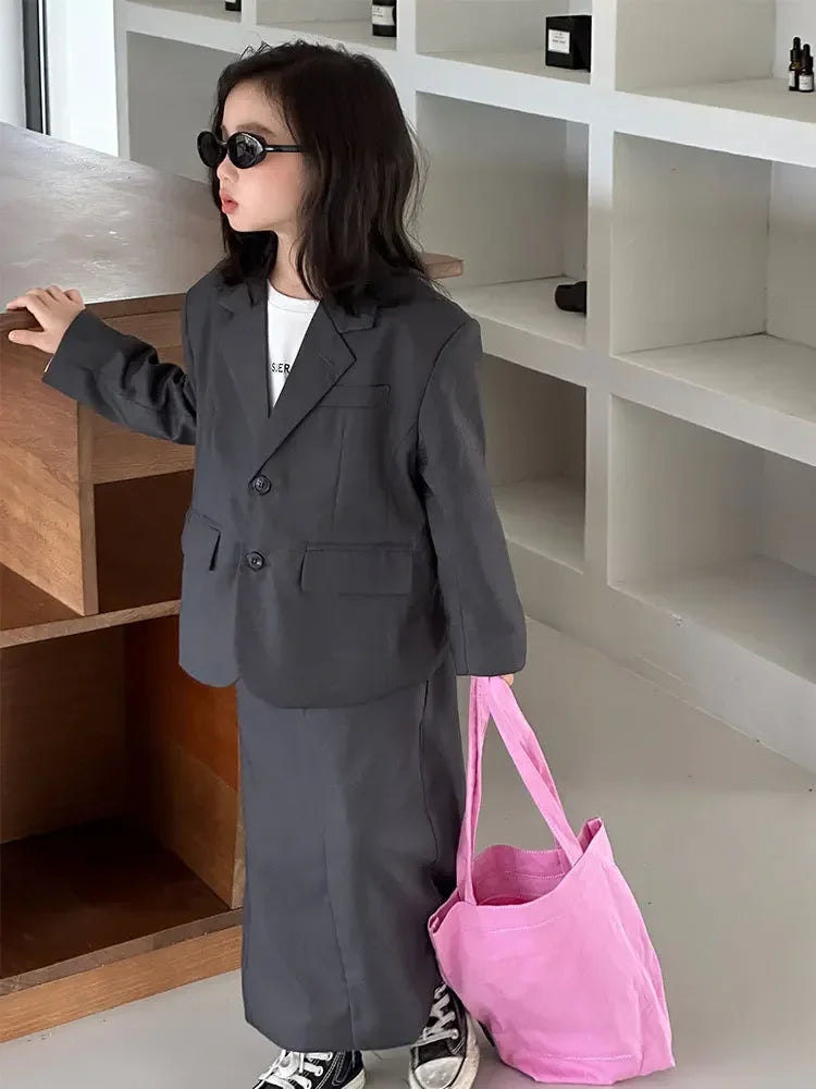 Girls Grey Suit Spring 2026 Casual Loose Blazer Skirt Two Pieces School Uniform for Kids Wedding Party Formal Costumes 2-13 Year